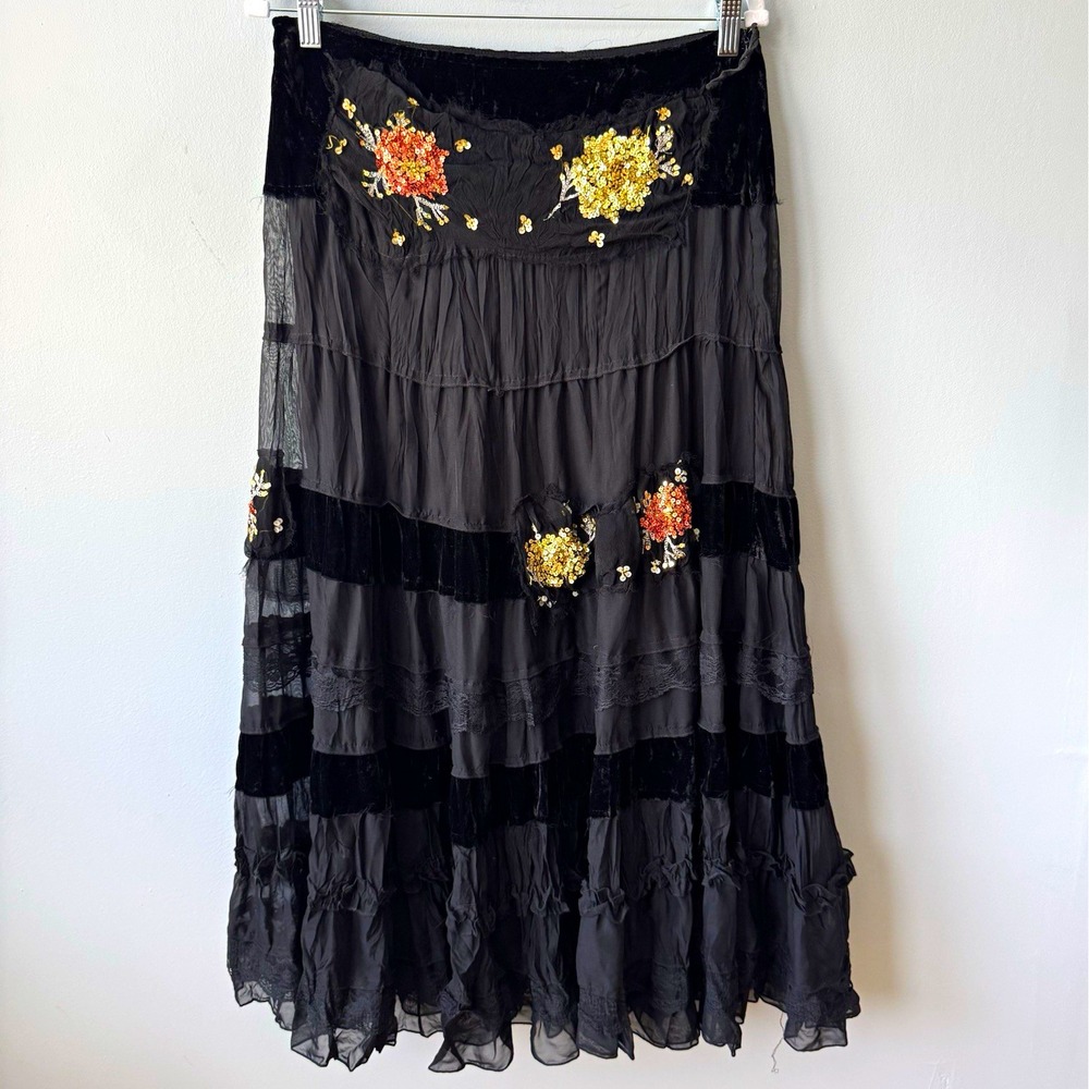 VTG Y2K Miss Me Black Tiered Maxi Skirt Velvet Mesh Sequin Whimsigoth Boho Sz M